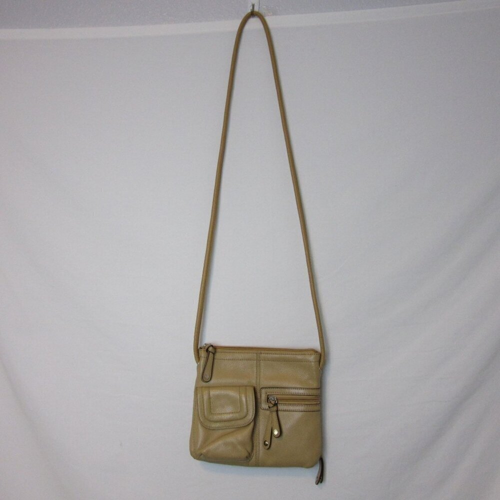 Tignanello Purse Leather Brown Beige Crossbody Card Slots Zipper Pockets Casual